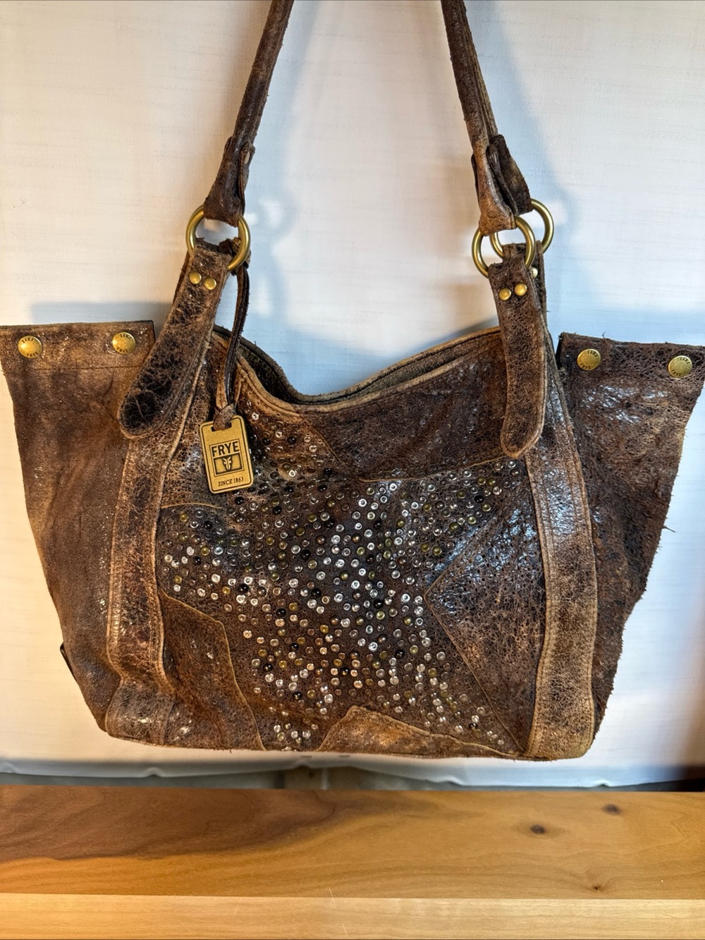Frye DEBORAH Chocolate Brown Leather Studded Shoulder Satchel Tote Bag Distress